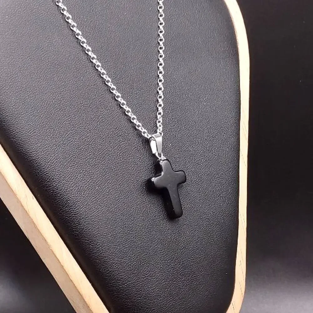 925 Silver Necklace W/ Cross Black Jet Stone Vtg Boho Valentine Birthday Gift